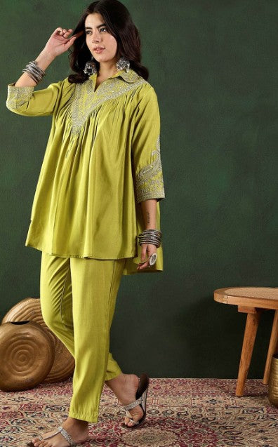 Green Shirt Collar Tunic With Trouser Co-Ords