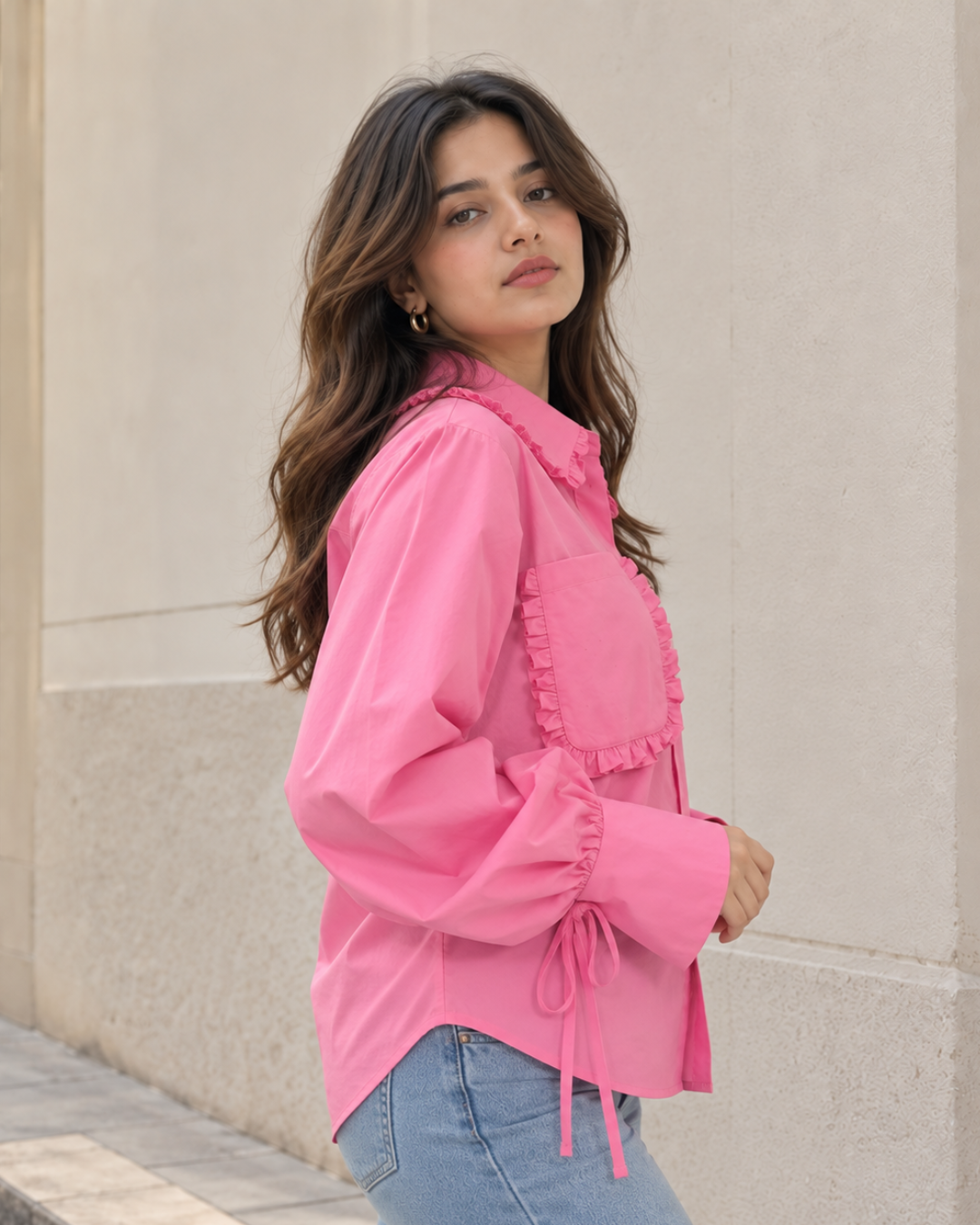 Bubblegum Ruffled Cotton Shirt