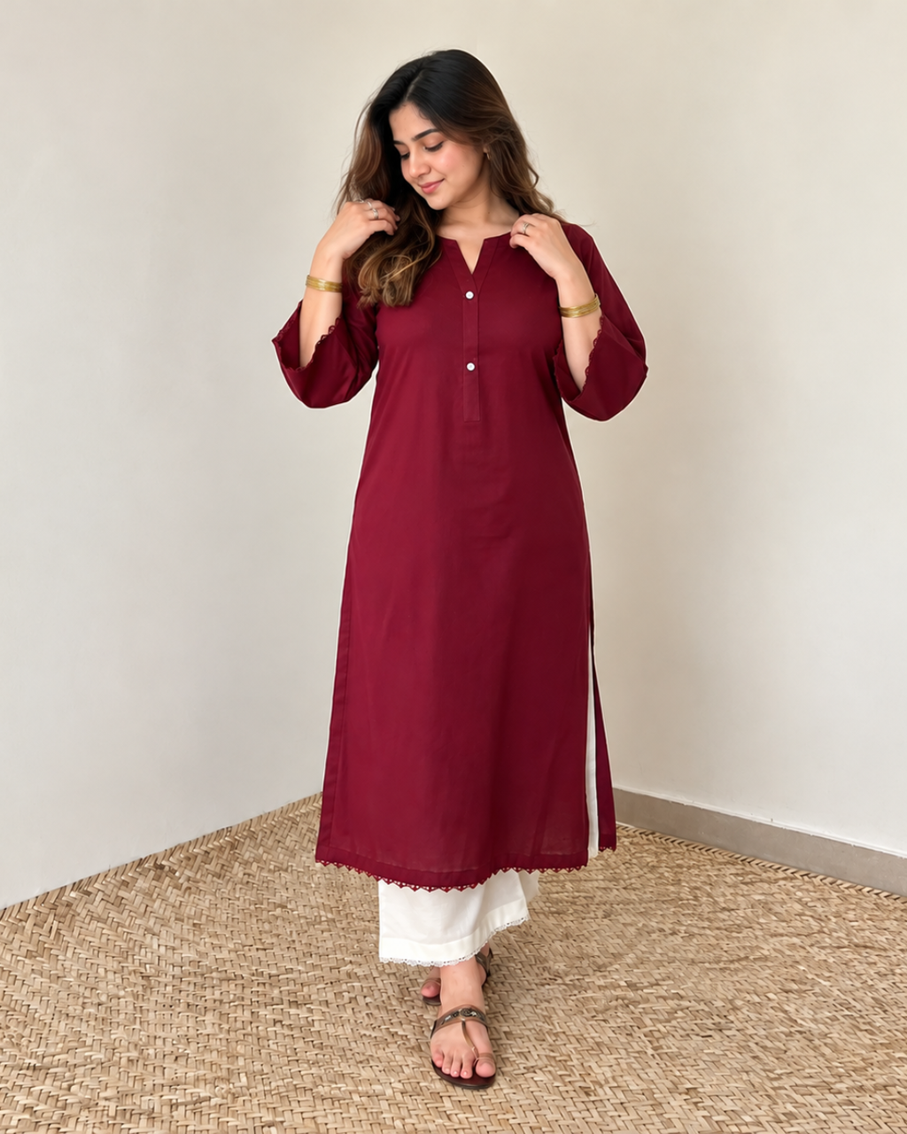 Cotton Long Kurta with Lace Trim and Button Placket