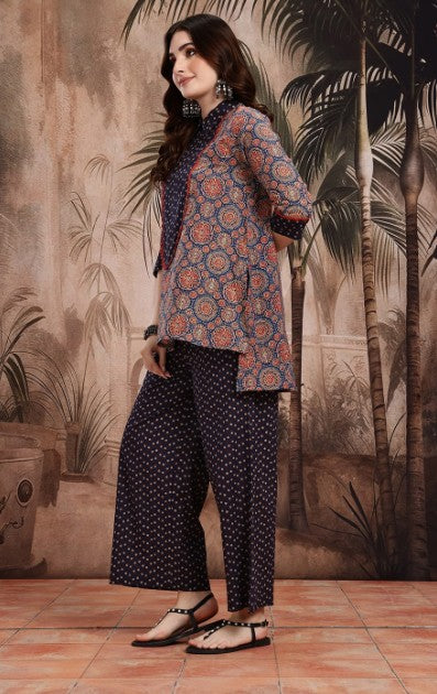 Floral Print Shirt Collar High-Low Side Slits A-Line Top with Palazzos