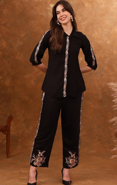 Black Embroidered Tunic With Trousers Co-Ords