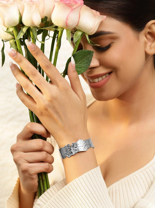 Sarushi Voguish Silver Plated Stainless Steel TarnishFree Waterproof Textured Cuff Bracelet