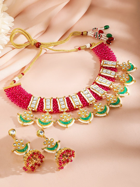 24K Gold-Plated Kundan-Studded & Beaded Jewellery Set