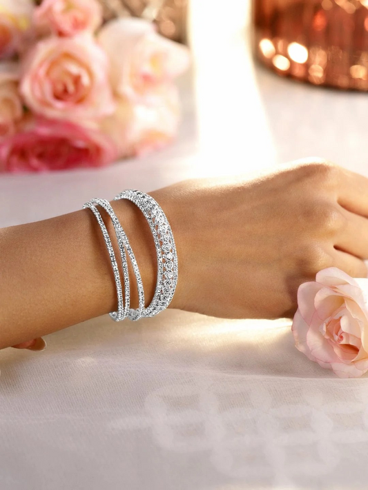Sarushi Rhodium-Plated Crystals Stone Studded Cuff Bracelet