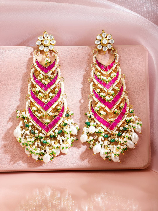 24K Gold-Plated Ruby Pink Kundan & Green Beaded Handcrafted Shoulder Duster Earring