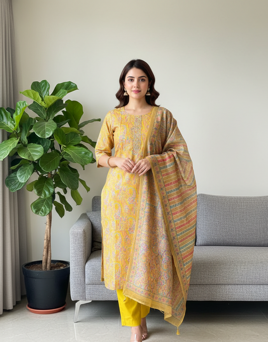 Yellow Chanderi Paisley Kurta Set