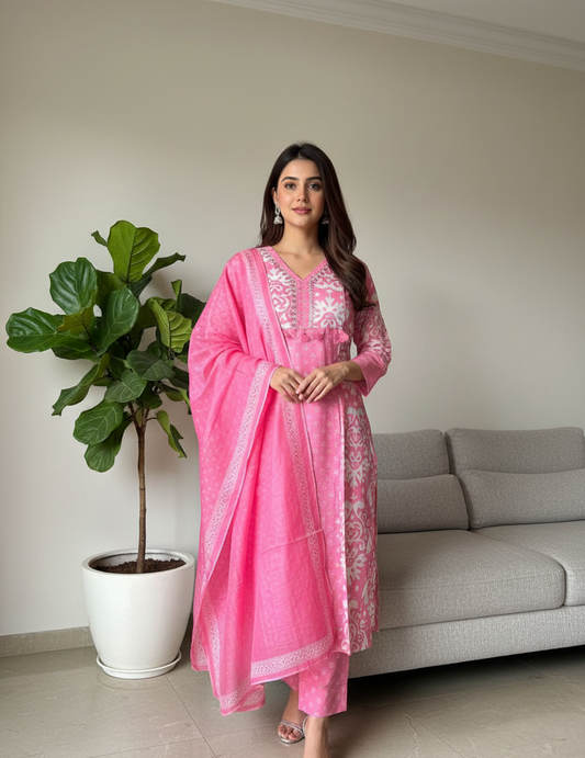 Pure Cotton Pink Kurta Set