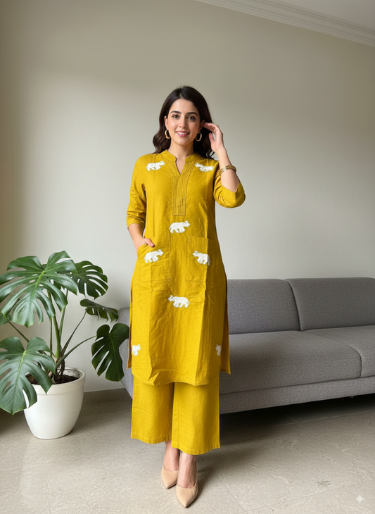 Linen Mustard Elephant Embroidery Co-ord Set