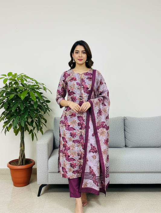 Purple Floral Handwork Kurta Set