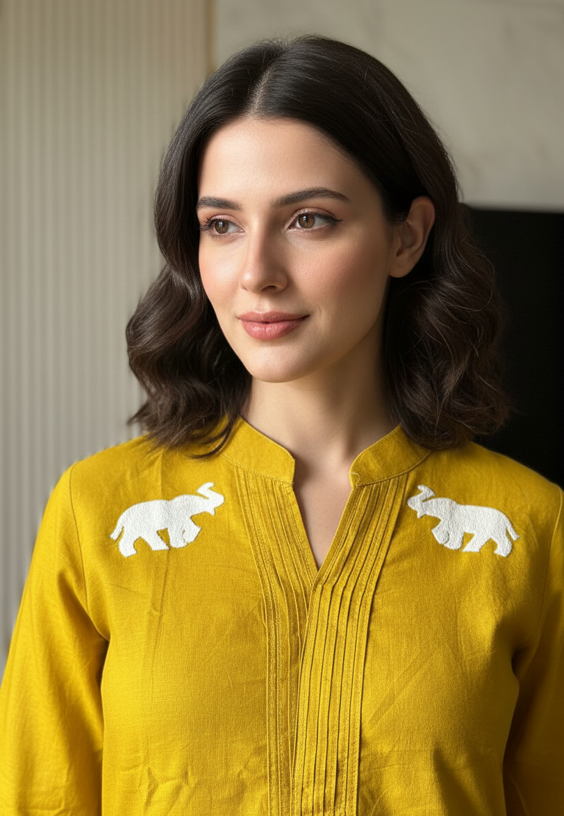 Linen Mustard Elephant Embroidery Co-ord Set