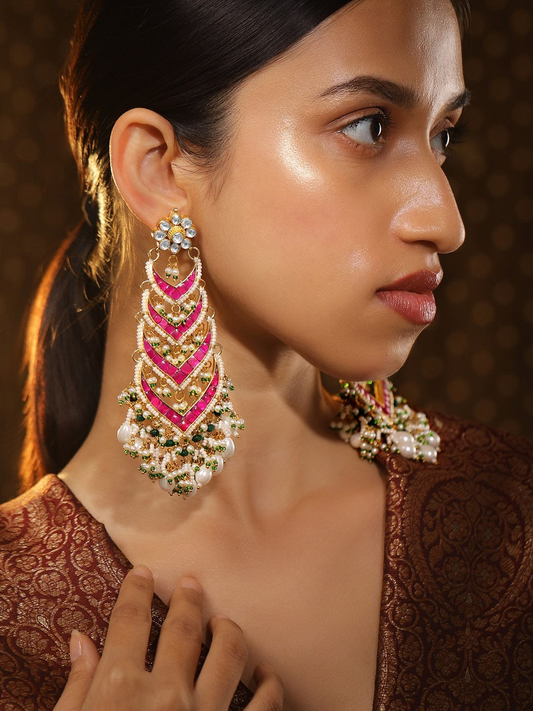 24K Gold-Plated Ruby Pink Kundan & Green Beaded Handcrafted Shoulder Duster Earring