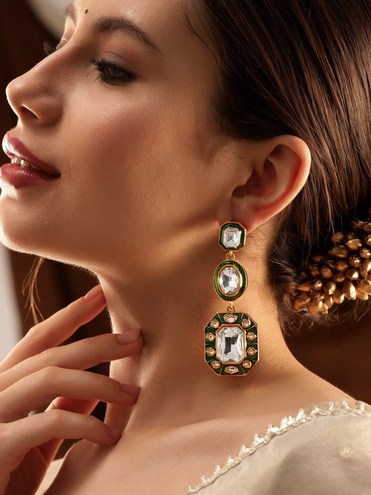 22K Antique Gold plated Kundan Studded Green Enamel Statement Dangle Earring