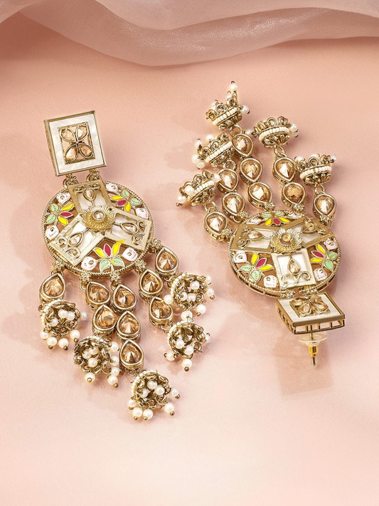 22K Gold-Plated Multicolour Enamel & Kundan Long Jhumka Dangler Earrings