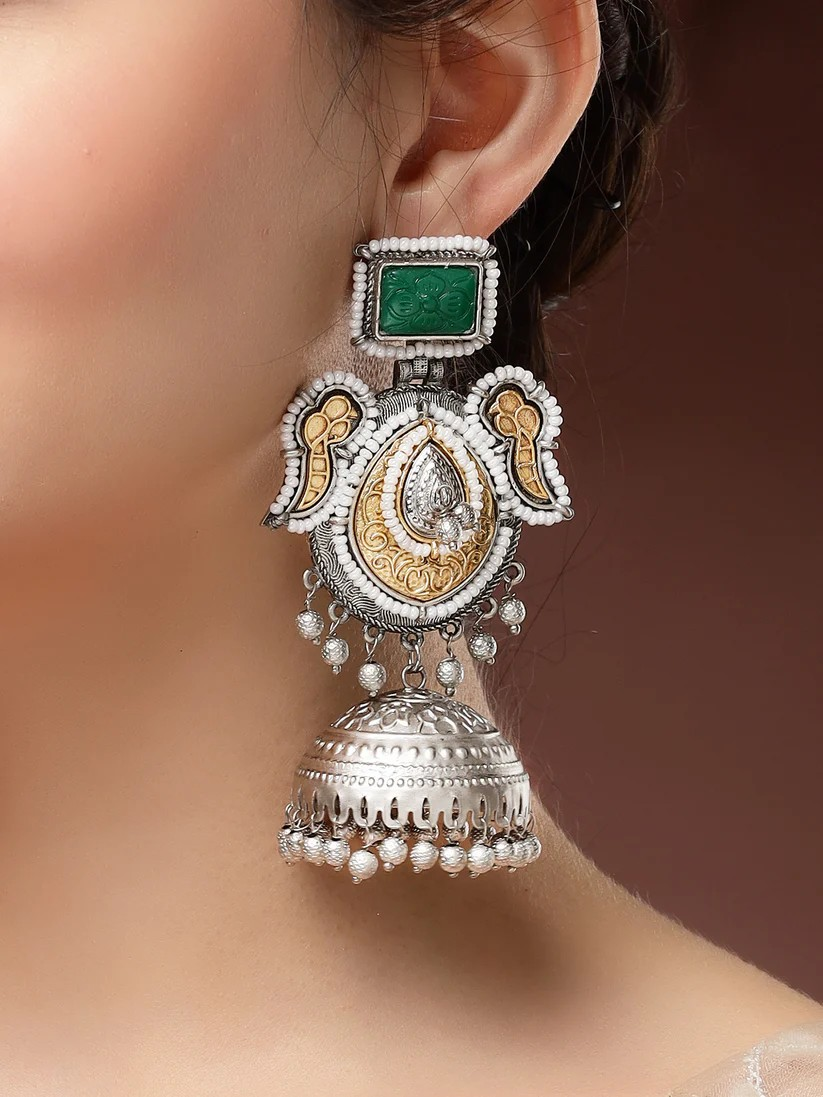 Classic Silver and Gold-Plated Jhumka Earrings with Green Carved Stone
