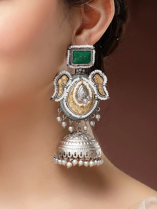 Classic Silver and Gold-Plated Jhumka Earrings with Green Carved Stone